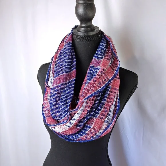 Patriotic Infinity Scarf Red White Blue‎ Metallic Lightweight Open Weave Loop