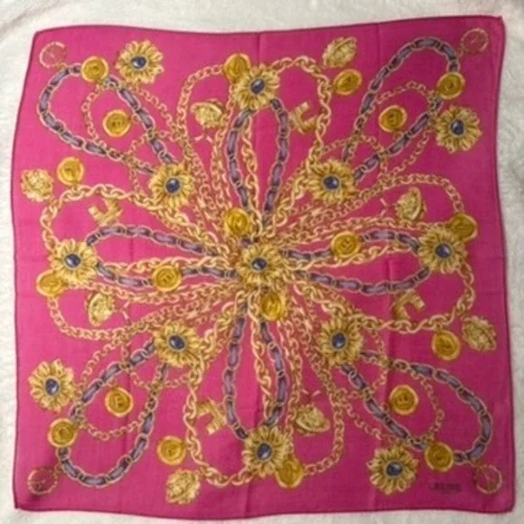Vtg CELINE Scarf Handkerchief Chain Medallion Pink Gold Blue 18