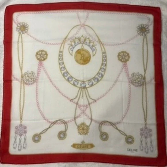 Vtg CELINE Scarf Handkerchief Jewelry Pearl Motif Red White 18