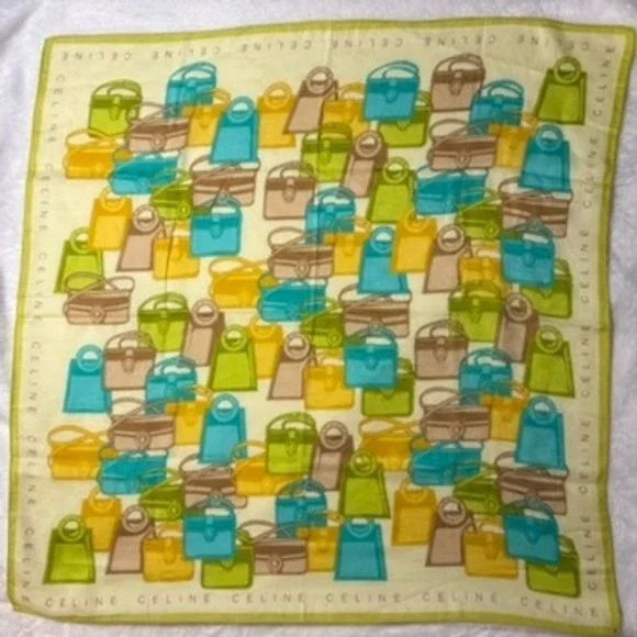 Vtg CELINE Scarf Handkerchief Handbag Motif Multicolor blue green 22