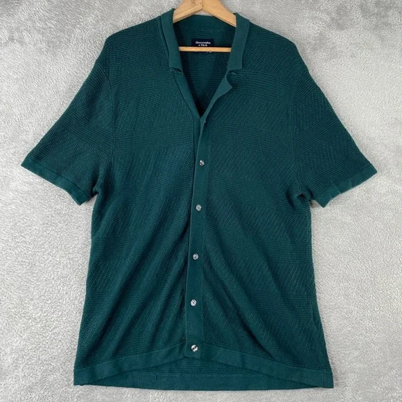 Abercrombie & Fitch Knit Cardigan Mens Large Green Short Sleeve Button Up Polo