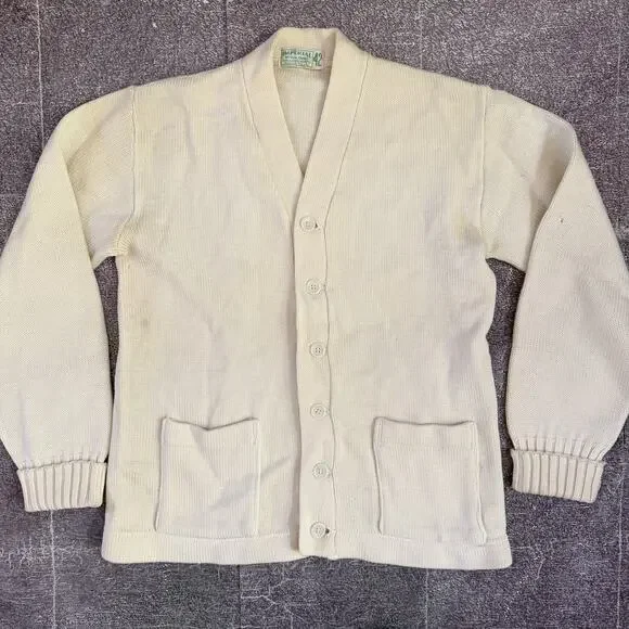 Men's Vintage 50's Imperial Off White Varsity Cardigan Button Up Sweater Sz 42