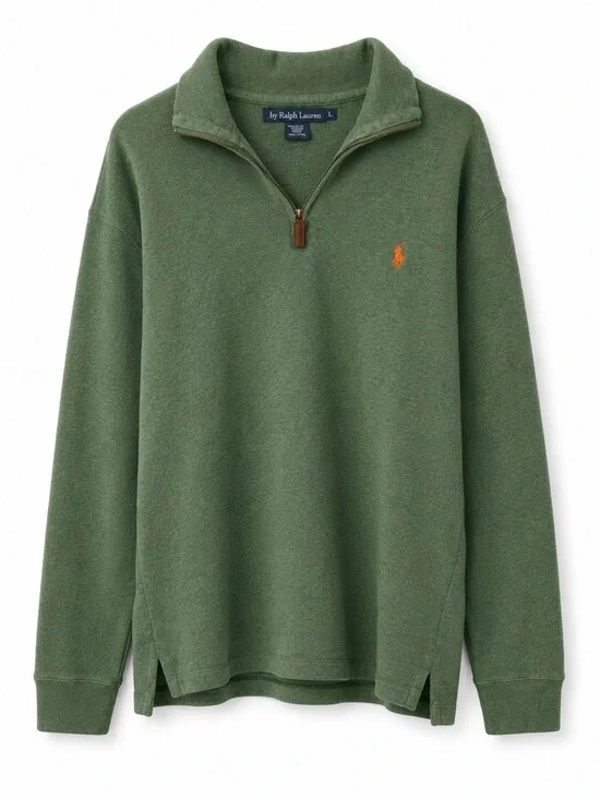 Ralph Lauren Olive Green Quarter-Zip Sweater with Orange Pony