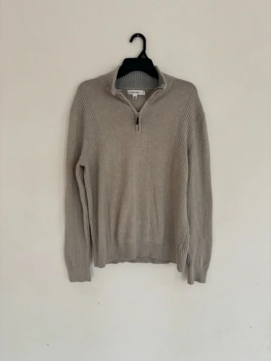 Calvin Klein Men’s Quarter Zip Sweater Large Beige Cotton Knit