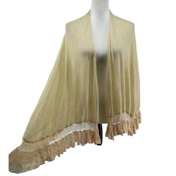 Knit Shawl Wrap Cream Peach‎ Ruffle Trim Cottagecore Romantic Boho Victorian Fem