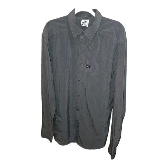 SALOMON Sz L Dark Gray Button Front L/S Logo Casual Outdoor Trail Cycling Shirt