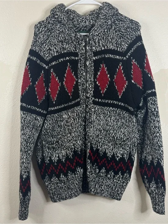 American Eagle Fair Isle Chunky Knit Sweater Sz S Cotton Warm Black White Red
