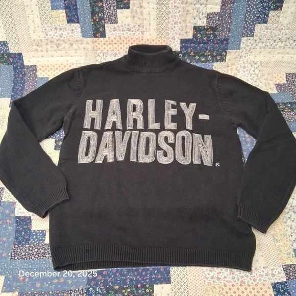 Harley Davidson Embroidered Knit Turtle Neck Sweater Mens Size Medium Black