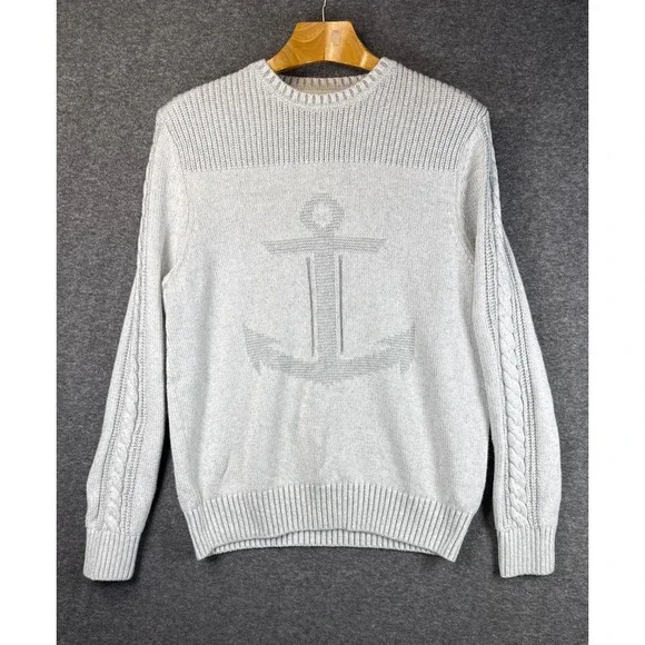Nautica Anchor Cable Knit Preppy Sweater‎ Crew Neck Long Sleeve Gray Mens Size L