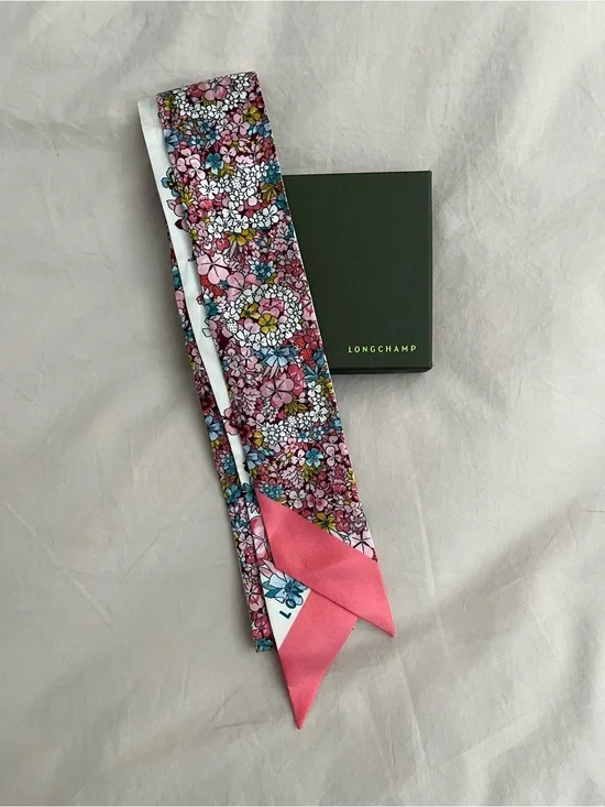 Longchamp Pink Multicolor Floral Silk Twilly Scarf
