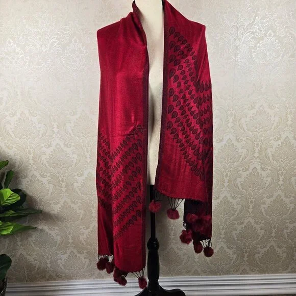 Red and Black Patterned Pashmina Real Fur PomPom Accents at Ends Cozy Warm