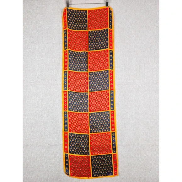 Echo Vintage 100% Pure Silk Scarf Red Navy Blue Yellow Floral Grid Made in Japan