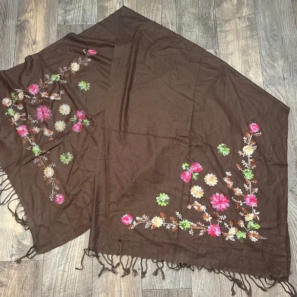 Brown Embroidered Floral Scarf Shawl Wrap Fringe Women's‎ Fashion Accessory