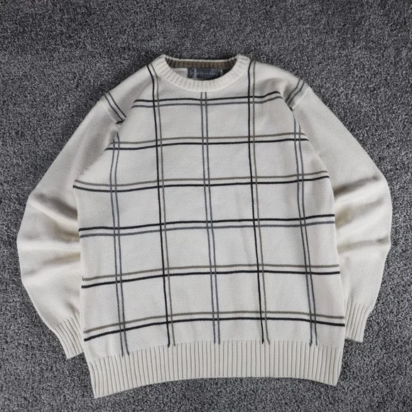 Oscar de la Renta Mens Large Plaid Crewneck Sweater Cream Cotton Knit Pullover
