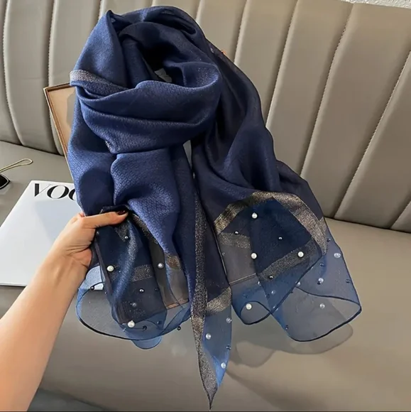 Scarf Elegant Navy Blue Pearl-Embellished with Gold Accent