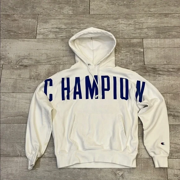 Champion Reverse Weave Hoodie Mens‎ Medium White Spell Out All Over Print Hooded
