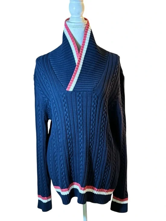 Brooks Brothers Navy V-Neck Cable Knit Sweater with White and Red Trim