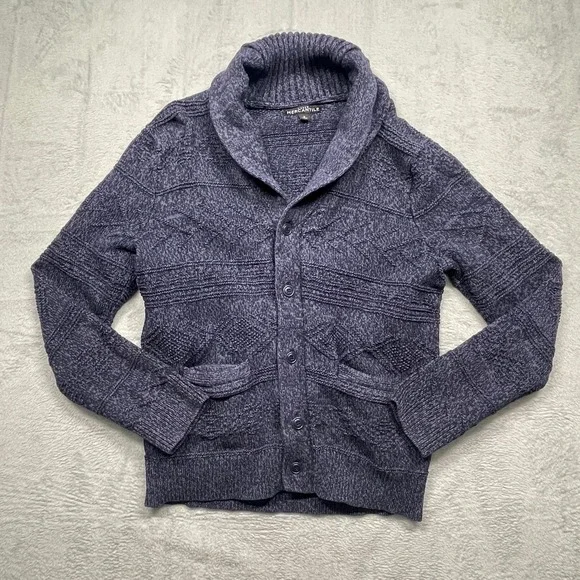 J.Crew Mercantile Cardigan Men Small Blue Shawl Collar Cable Knit Cotton Sweater