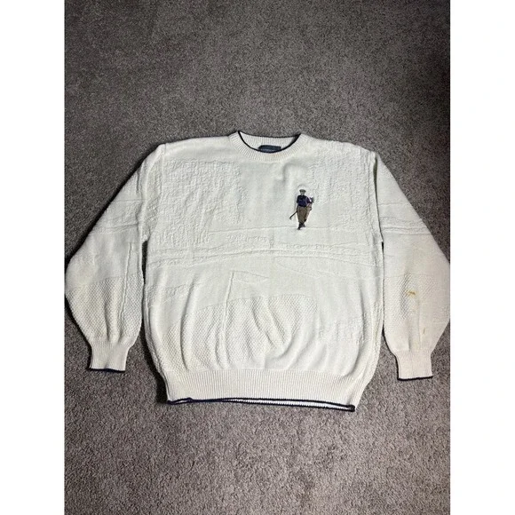Vintage Express Tricot Mens Golf Embroidered Textured Knit Sweater Cream XL