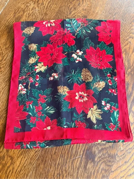 Silk American Vintage Red Green Black Floral Holiday Scarf