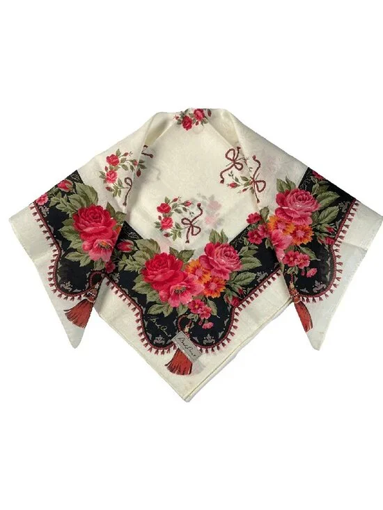 NWT Hardy Amies Vintage Floral Cotton Scarf Roses Tassel Border