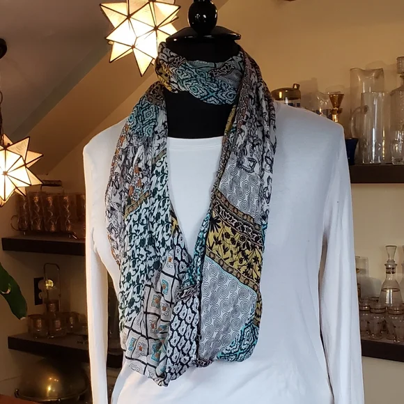 Blue And Ocher Patterend Lightweight Infinity Scarf