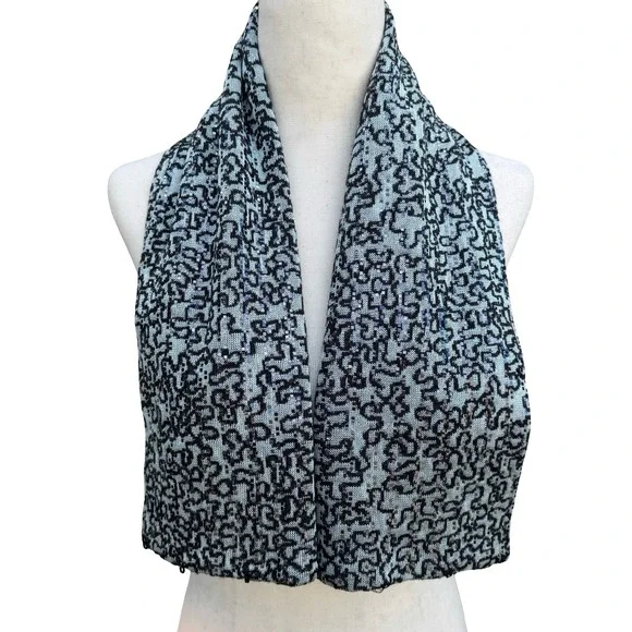 Light Blue Black Abstract Knit‎ Sequin Metallic Textured Scarf Wrap Glam Sparkly