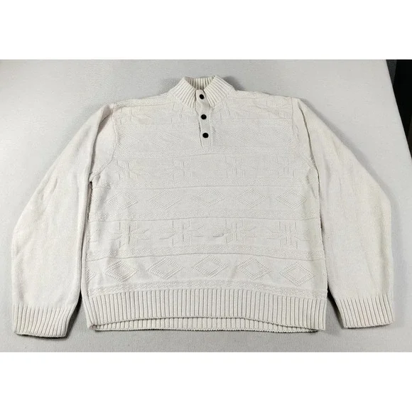 Chaps Sweater Mens 2XL White‎ Henley Mock Neck Cotton Knit Cozy Winter Cabincore