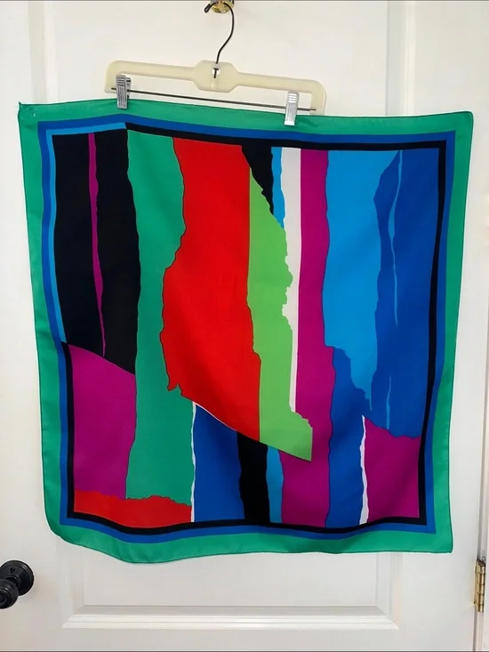 Large Vintage Color-block ( Green, Blue, Red & Fuchsia) Abstract Polyester Scarf