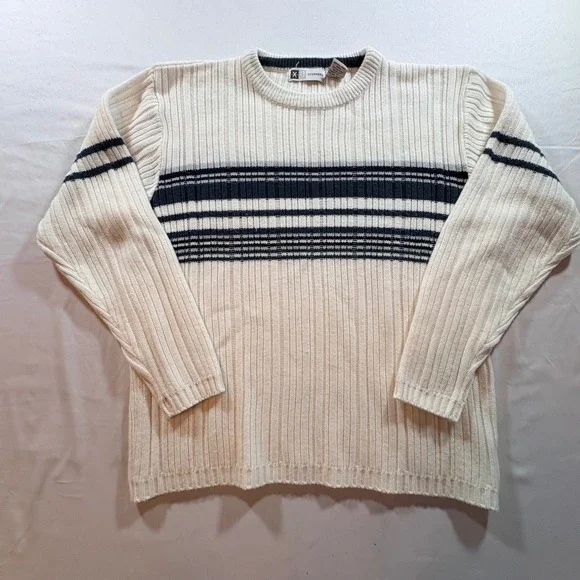 Xtremegear Striped Ribbed Knit Sweater Men Medium Cream Navy Blue Crewneck Pullo