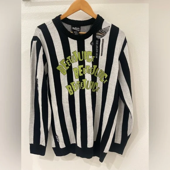 Beetlejuice Beetlejuice Black & White Stripe Destructed Sweater