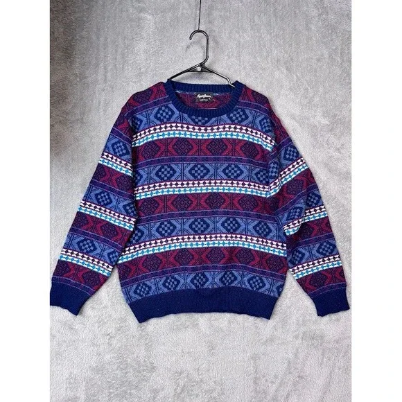Reed St James Vintage Fair Isle‎ Sweater Mens Large Blue Purple Knit Made USA
