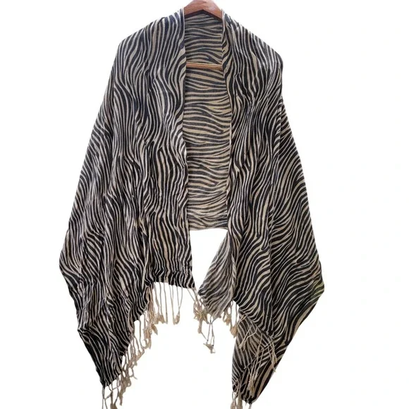 Fine Shawl‎ Zebra Print Viscose Wrap Scarf Black Tan Fringed Made in India