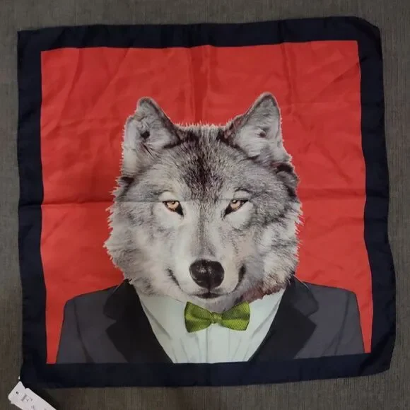 F & F Red 100% Silk Scarf with Handsome Grey Wolf in Tuxedo Design