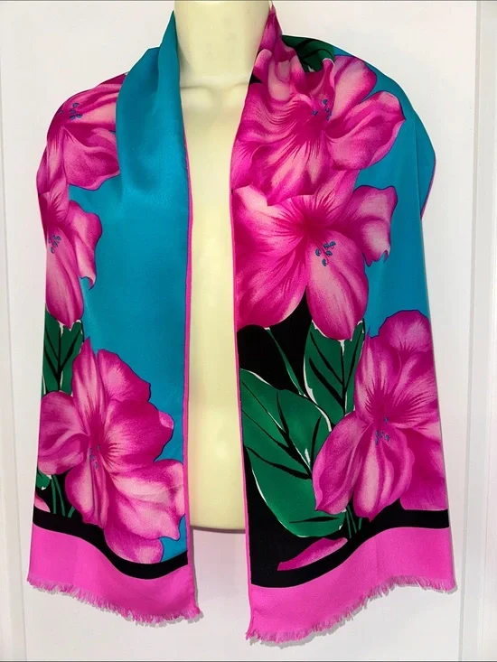 Vintage Bill Blass Hot Pink, Teal Green & Black Floral Long‎ Scarf