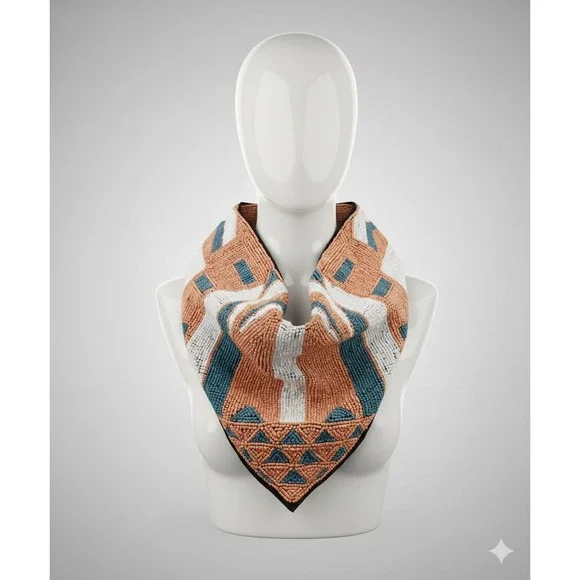 Rare! Beaded Geometric Scarf Neck‎ Scarf Tan Blue White Accent Button Closure