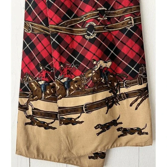 Vintage Double Face EQUESTRIAN Scarf Red Tartan Jockey Dachshund JG Hook