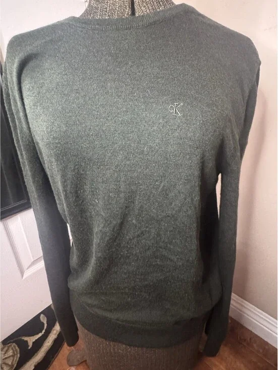 Calvin Klein Mens Knit Sweater Men Olive Green Sz M Ribbed Cuffs Neck & Bottom