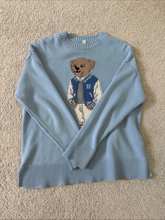 Light Blue Teddy Knit Sweater - Casual Crewneck
