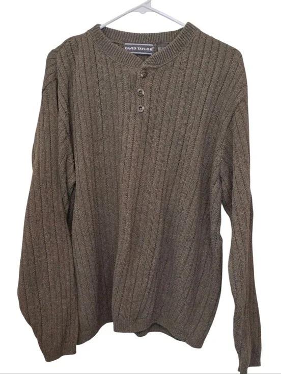 David Taylor Ribbed Thick 1/4 Button Multi-Toned Brown EUC Sweater L Made In USA