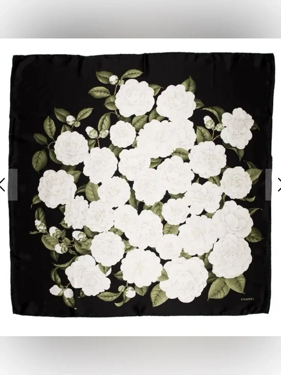 Vintage CHANEL Black Silk Scarf with White Flowers and Green Leaves