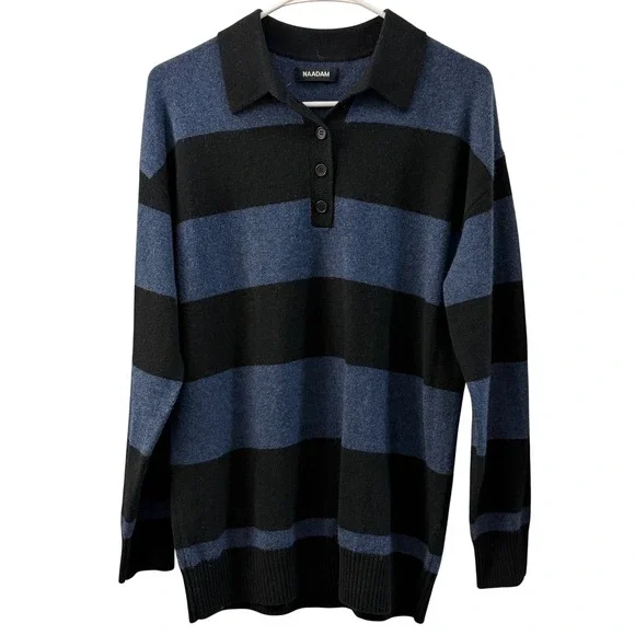 NAADAM Striped‎ Polo Sweater Cashmere Blue Black Size XS Cozy Unisex Knit