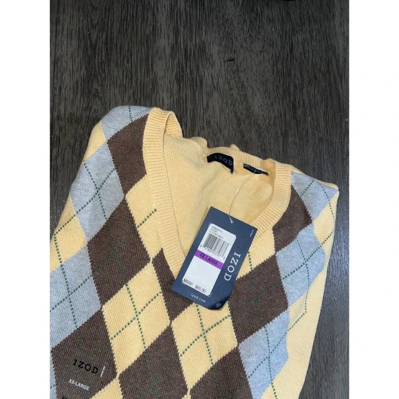 IZOD Mens Argyle V-Neck Sweater Yellow Brown Blue Cotton XXL 2X-Large NWT