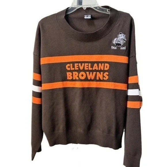 Cleveland Browns Sweater Men's Unisex Size Large Brown Stripe Crew‎ Neck NFL