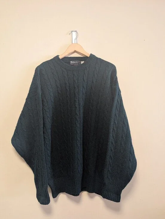 Burberrys Vintage Cable Knit Wool Sweater Deep Green Men's Medium
