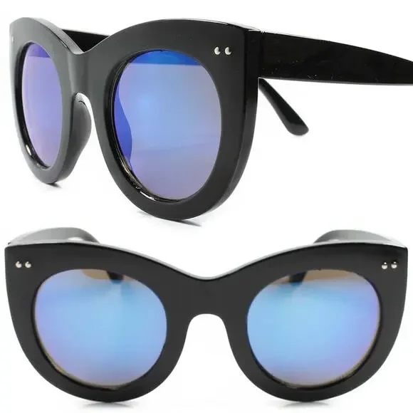 Womens Oversized Round Sunglasses Black Frame Blue Mirrored Lens