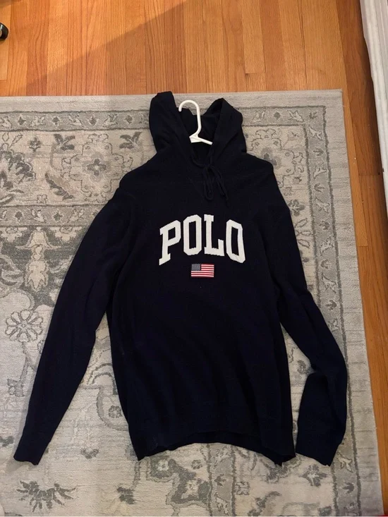 Polo by Ralph Lauren Navy Blue Hoodie Sweater with White Logo and Red Accent