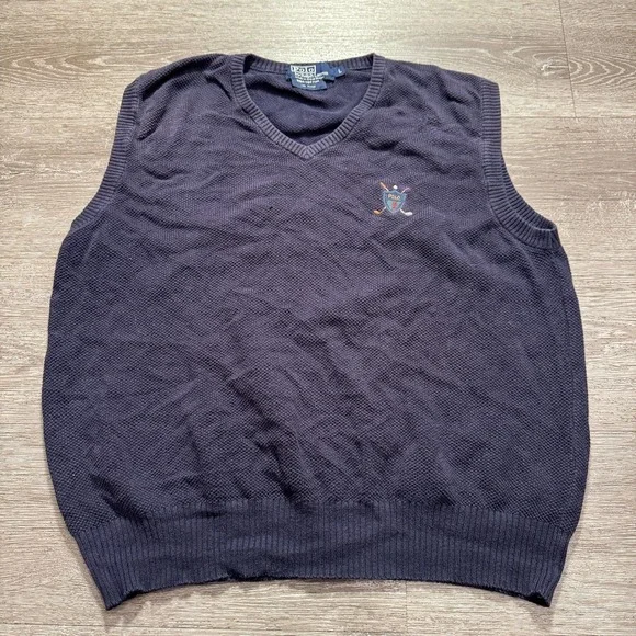 Polo Ralph Lauren Sweater Vest Mens Large Blue Cotton‎ Golf Crest Logo V-Neck UK