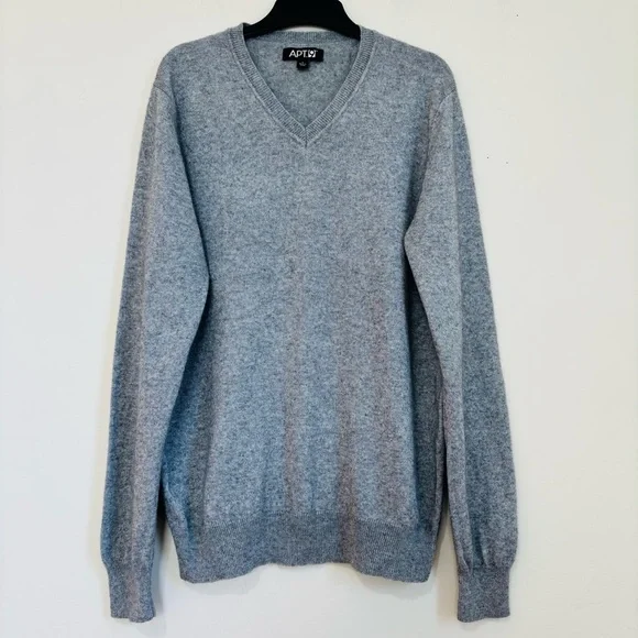 Apt9 Men Large Cashmere Silk V Neck heather gray knit slouchy pullover Sweater