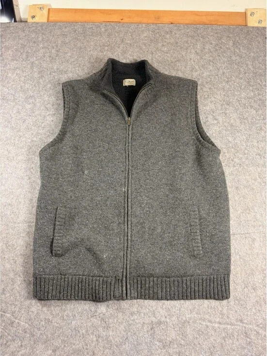 LL Bean Lambs Wool Sherpa Lined Sweater Vest Full Zip Men's Size Large Gray